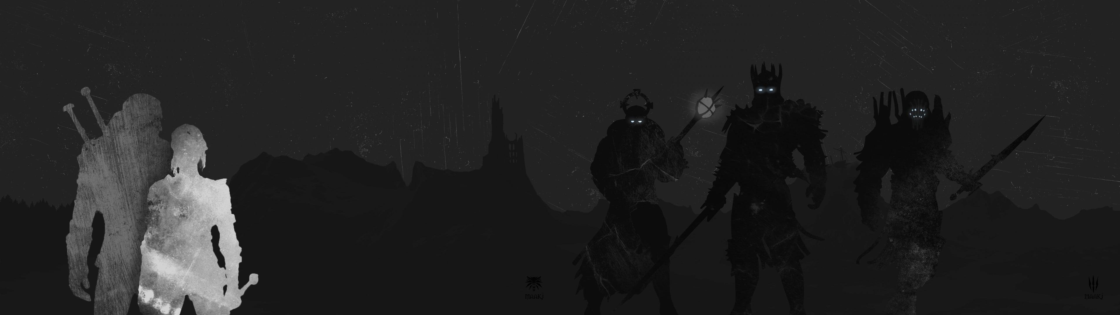 3840x1080 Person holding sword illustration, The Witcher, The Witcher 3
