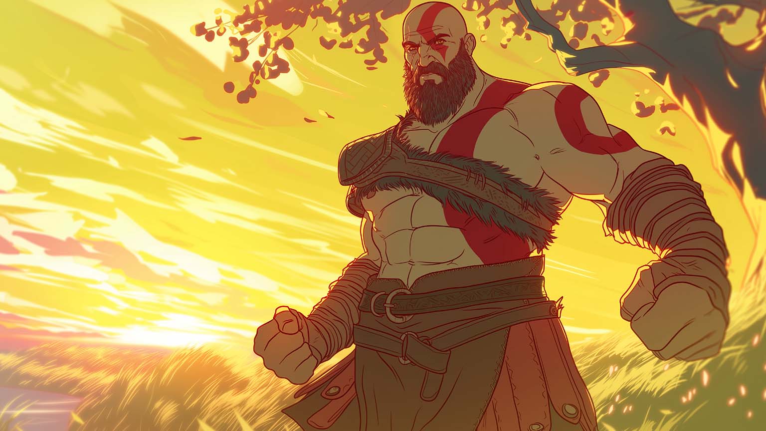 1536x864 God of War Kratos Sunset Landscape Desktop Wallpaper in 4K