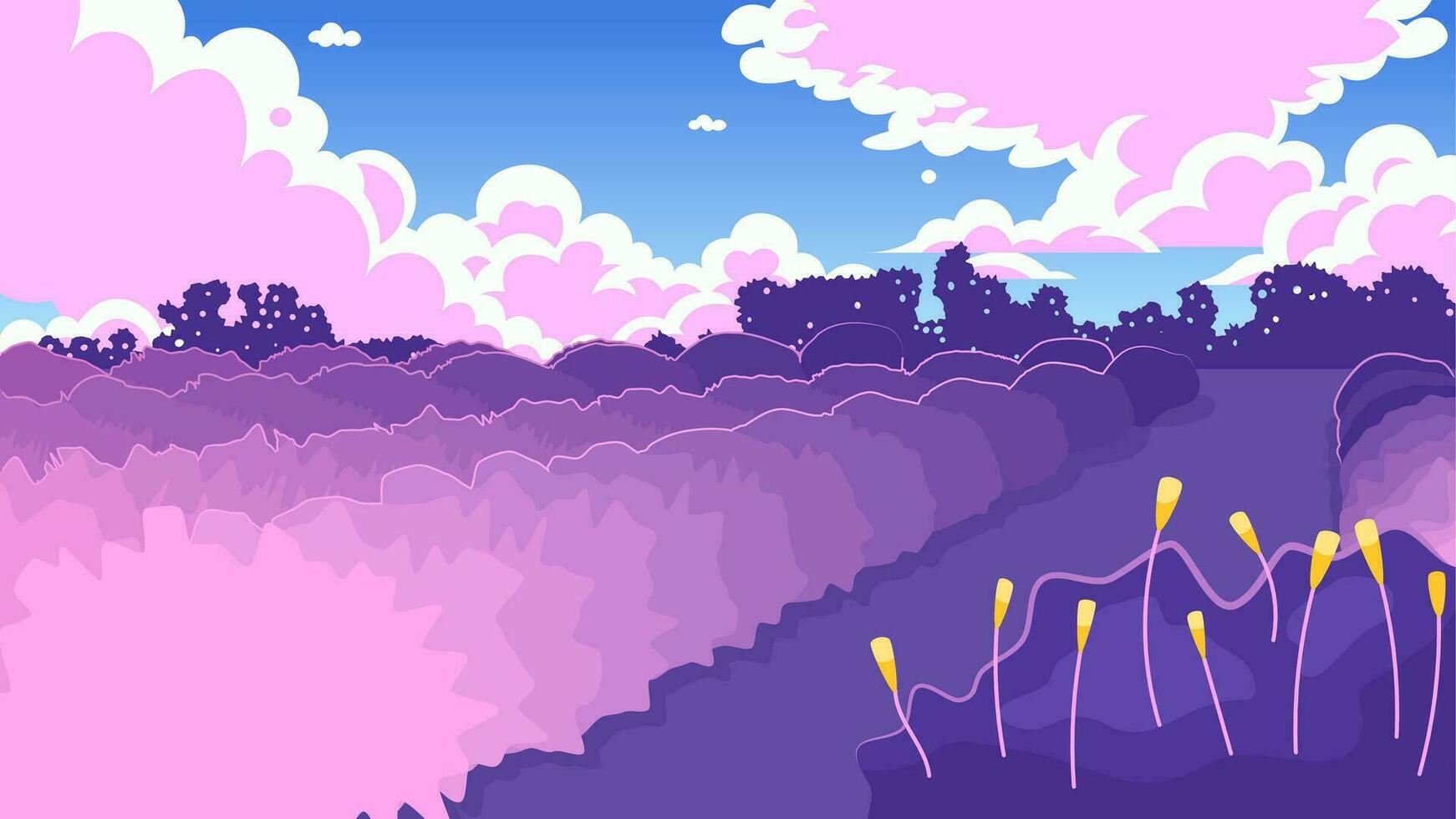 1742x980 Sunset in the field cute kawaii lo fi background. Fluffy clouds. Park 2D vector cartoon landscape illustration, lofi aesthetic wallpaper desktop. Japanese anime scenery, dreamy vibes