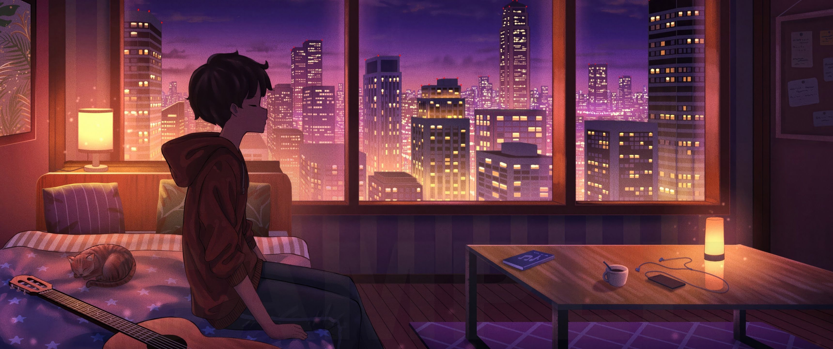 3440x1440 Lofi boy Wallpaper 4K, Guitar, Lonely, Cityscape