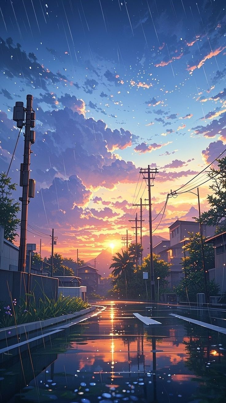 736x1308 Lofi summer rain wallpaper. Lofi scenery wallpaper, Anime background outside sunset, City scenery