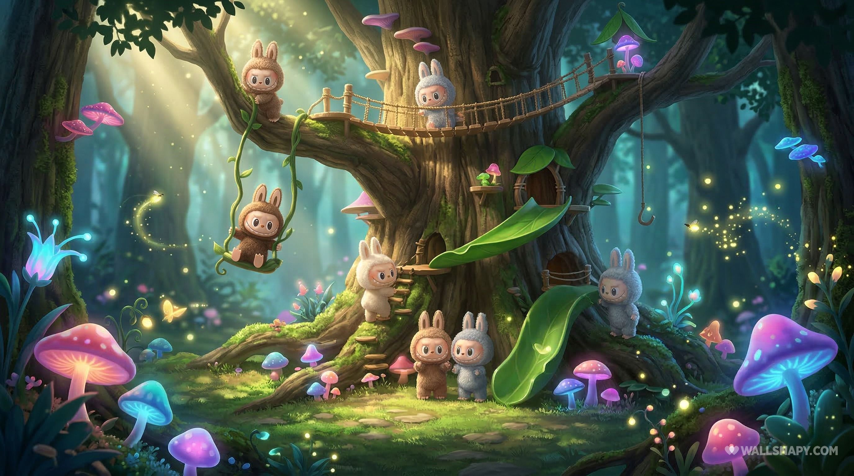 2752x1536 Cute labubu magical forest treehouse 4k pc wallpaper