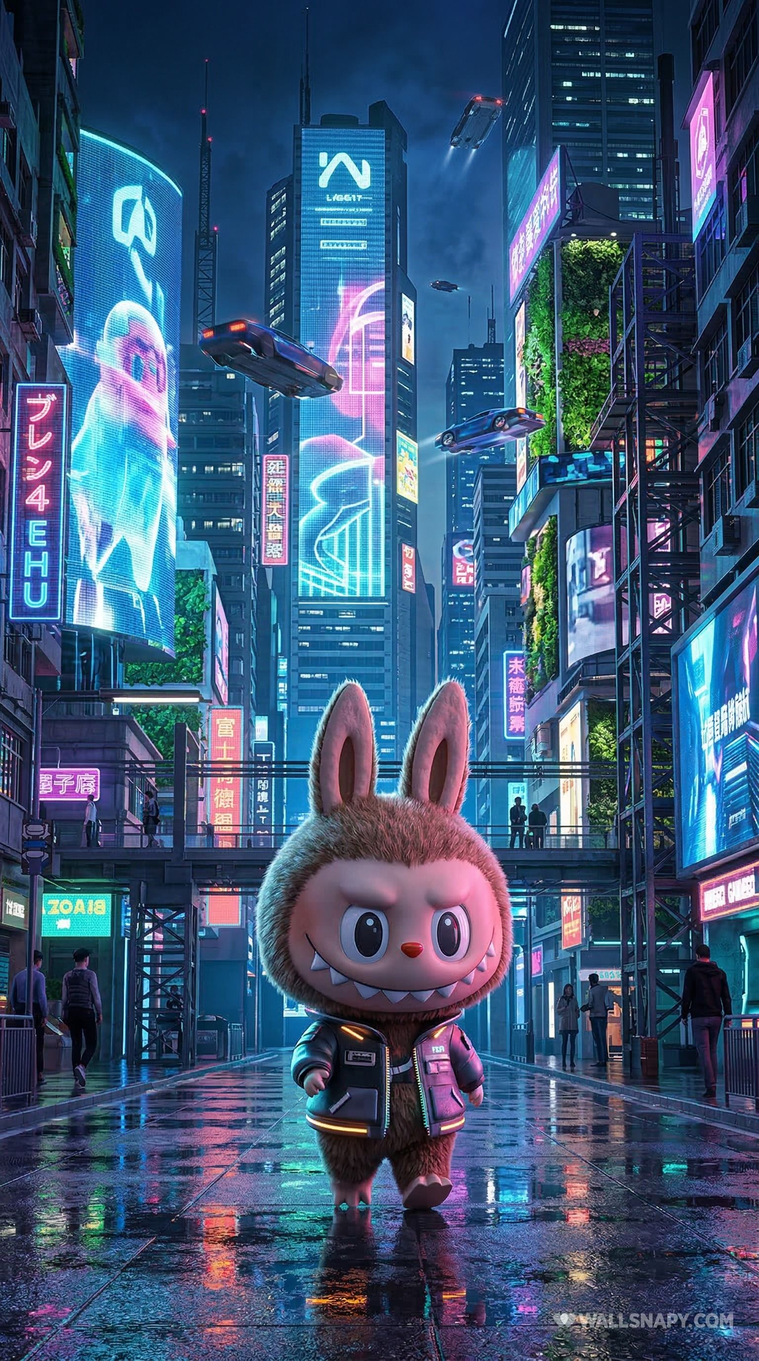 1536x2752 Cute futuristic labubu neon cyberpunk city 4k mobile wallpaper