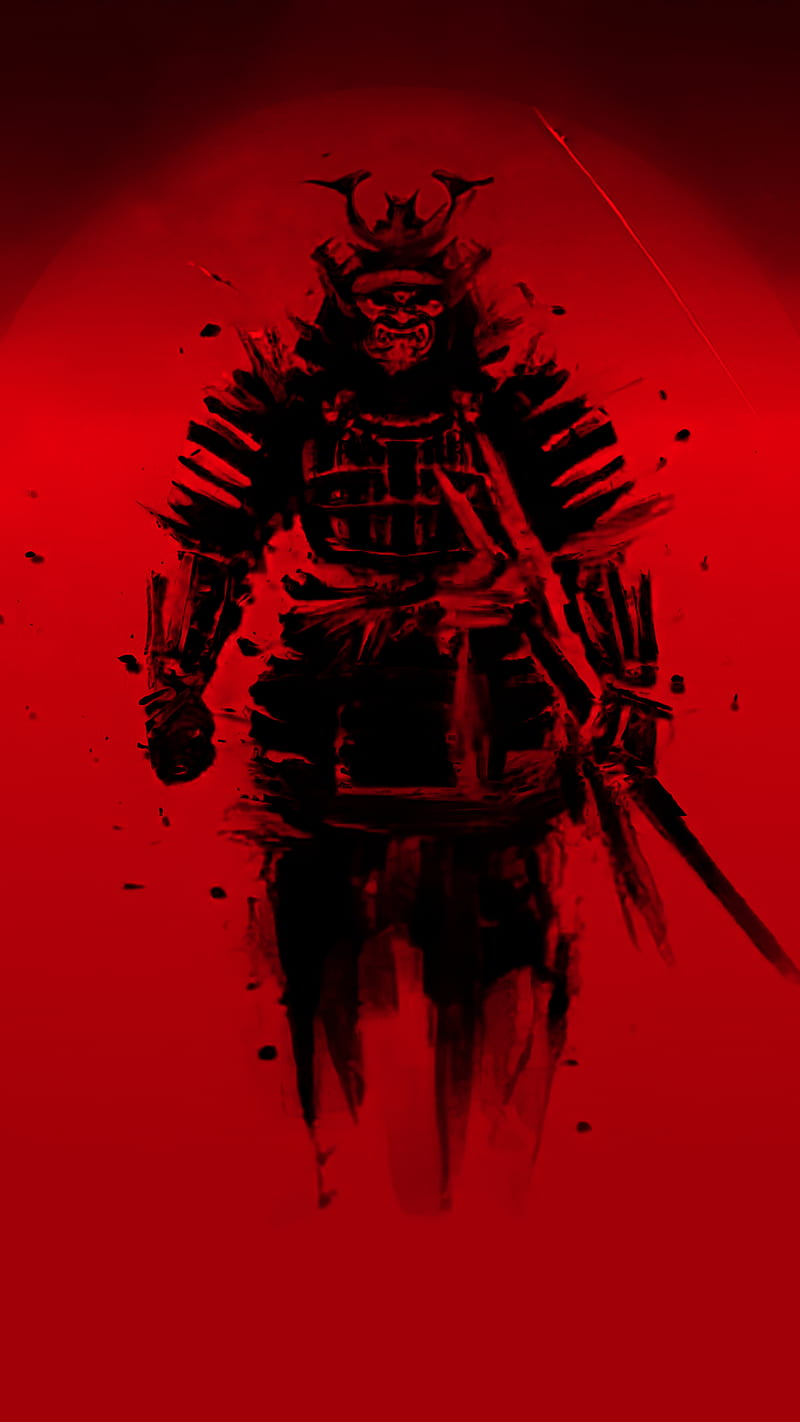 800x1422 Samurai, red, japan, digital art, smartphone, red background, vertical, HD phone wallpaper
