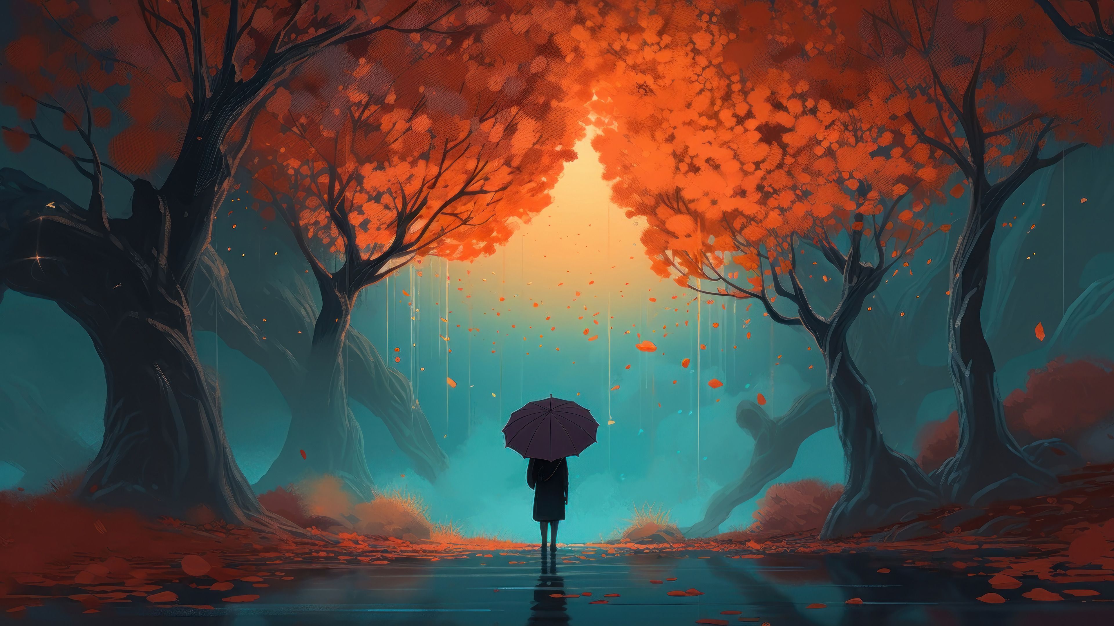 3840x2160 Walking Alone Raining Forest Tree Art Wallpaper 4K HD PC l