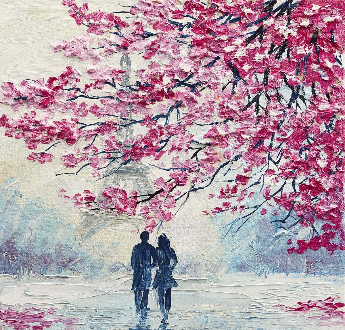 1200x1150 Whispering Blossoms, Painting of A Couple Walking Under a Tree Wallpaper Mural®