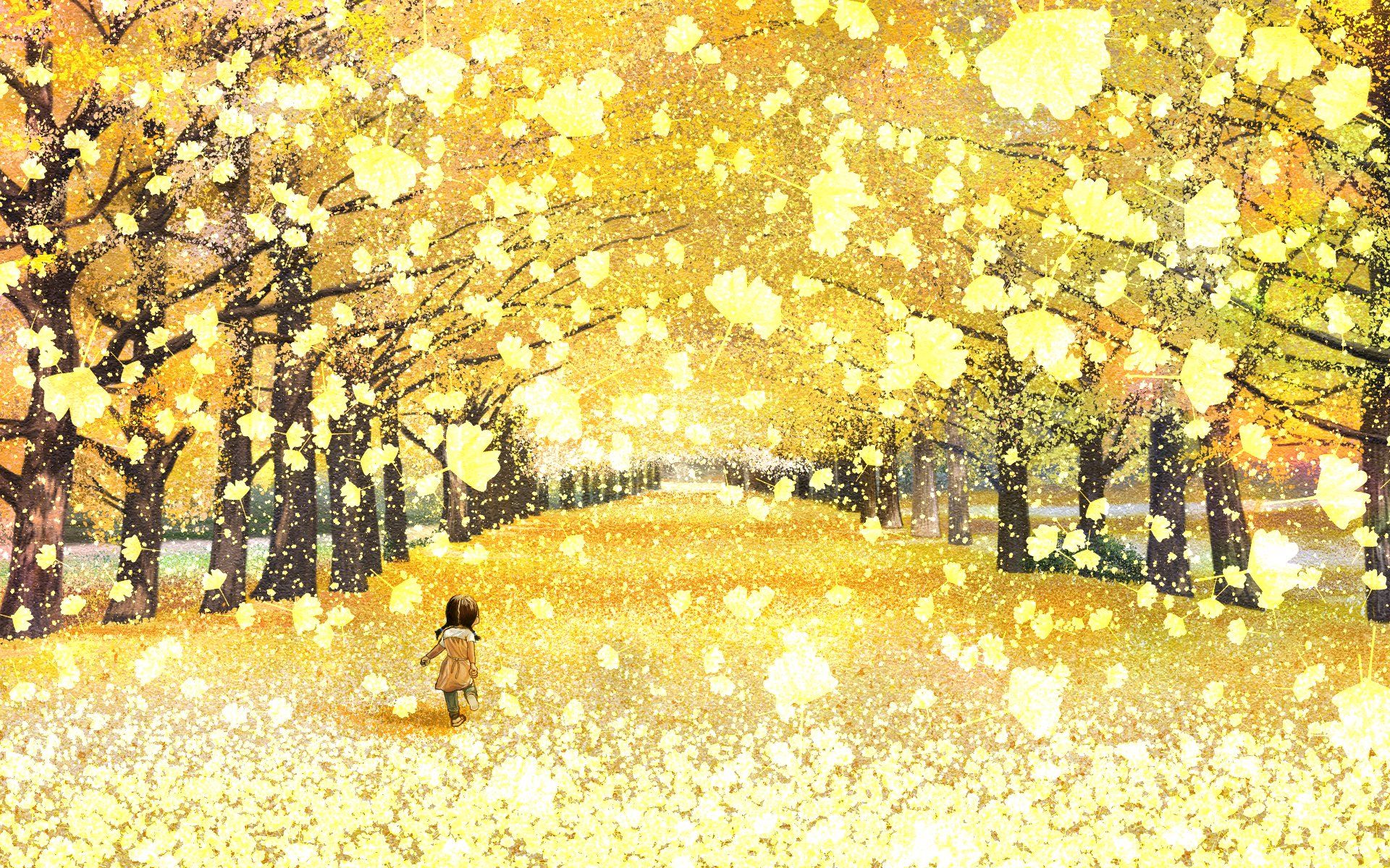 1920x1200 Golden Autumn Walk: Stunning HD Anime Leaf Fall Wallpaper