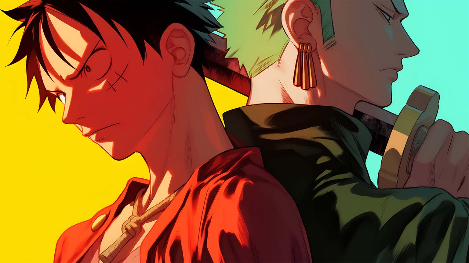 1536x864 Luffy & Zoro Gradient Style Desktop Wallpaper