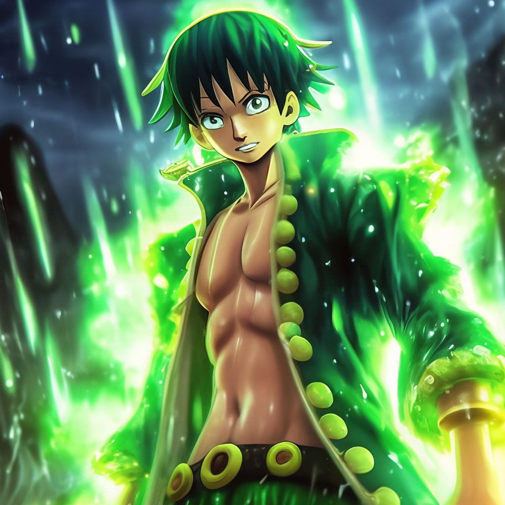 1024x1024 Luffy from one piece anime standing in rain with a green glowing aura insane