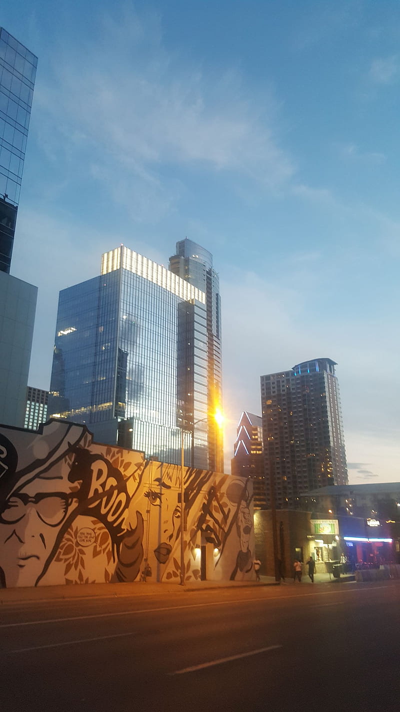 800x1422 Austin Mural, city, downtown, night, skyline, skyscraper, street, sunset, texas, HD phone wallpaper