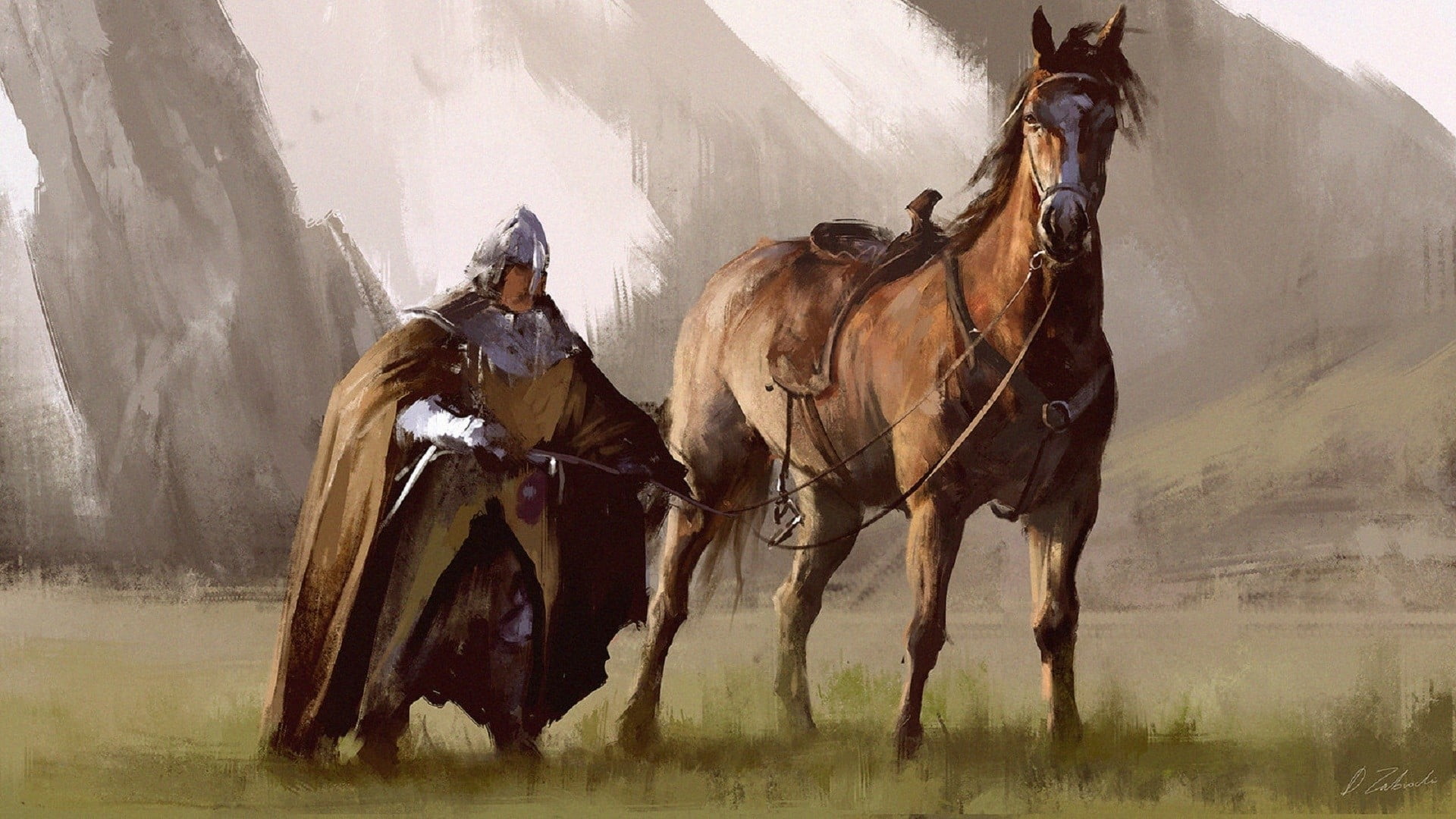 1920x1080 Knight beside brown horse painting, artwork, horse, knight, warrior HD wallpaper