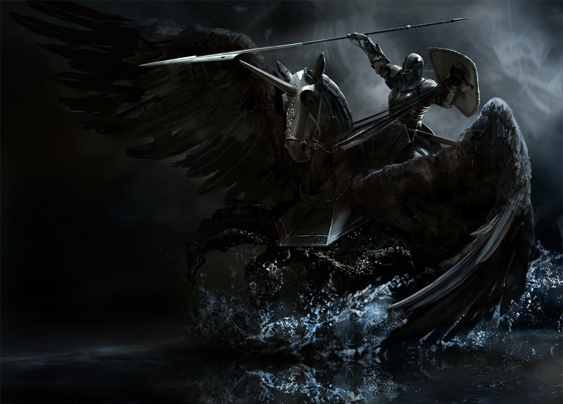 1920x1376 Wallpaper weapons, black, horse, wings, armor, spear, knight for mobile and desktop, section живопись, resolution 1920x1376