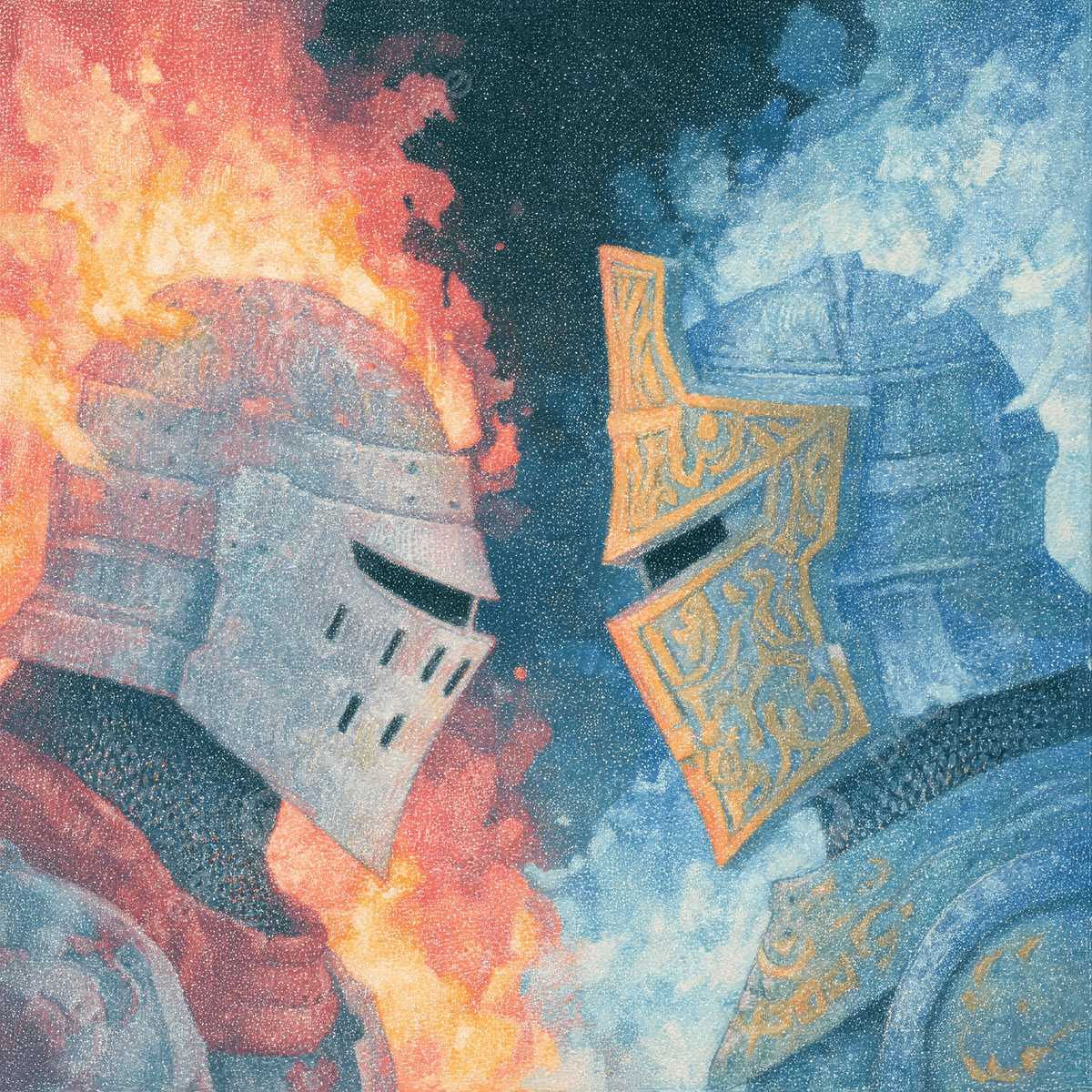 1200x1200 Two Knights In Armor Facing Each Other With Fire And Ice Elements The Dark Fantasy Genre, Two, Knights, Armor Background Image And Wallpaper for Free Download