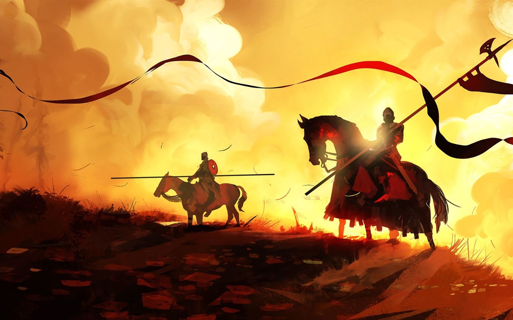 1680x1050 Wallpaper Knights, horse, warrior, sunset, art picture 1920x1080 Full HD 2K Picture, Image