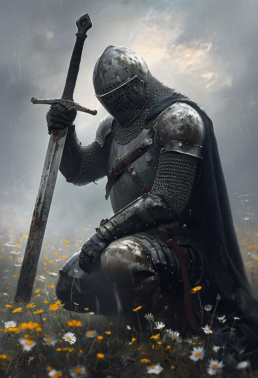832x1216 Melancholic Knight in Daisies Digital Art Painting Poster