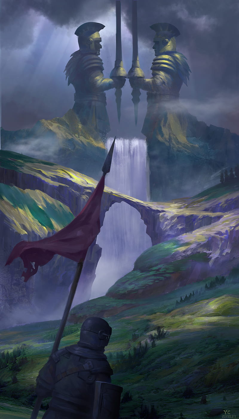800x1400 Knight, warrior, hills, waterfall, middle ages, fantasy, art, HD phone wallpaper