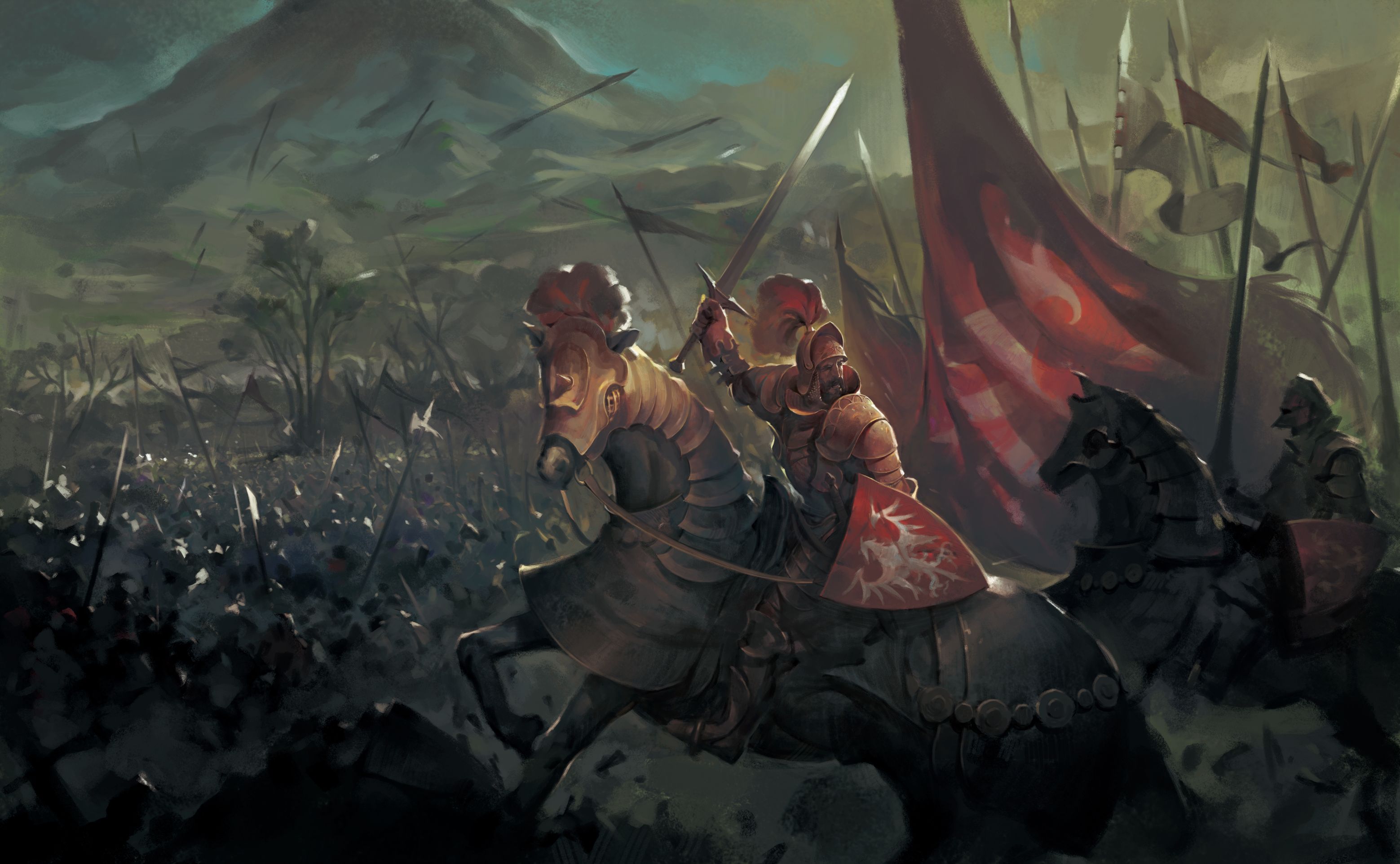 3117x1924 Desktop wallpaper: Fantasy, Knight, Armor, Banner, Battle, Horse, Sword 4K free download for PC. 930304