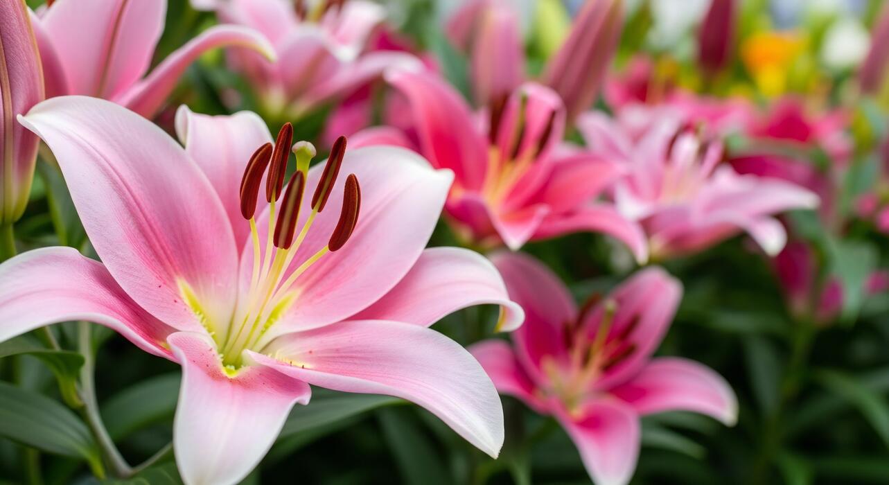 1283x700 Flowers background, Flowers wallpaper, Close up view of vibrant pink lilies with delicate petals and dark stamens blooming in a garden