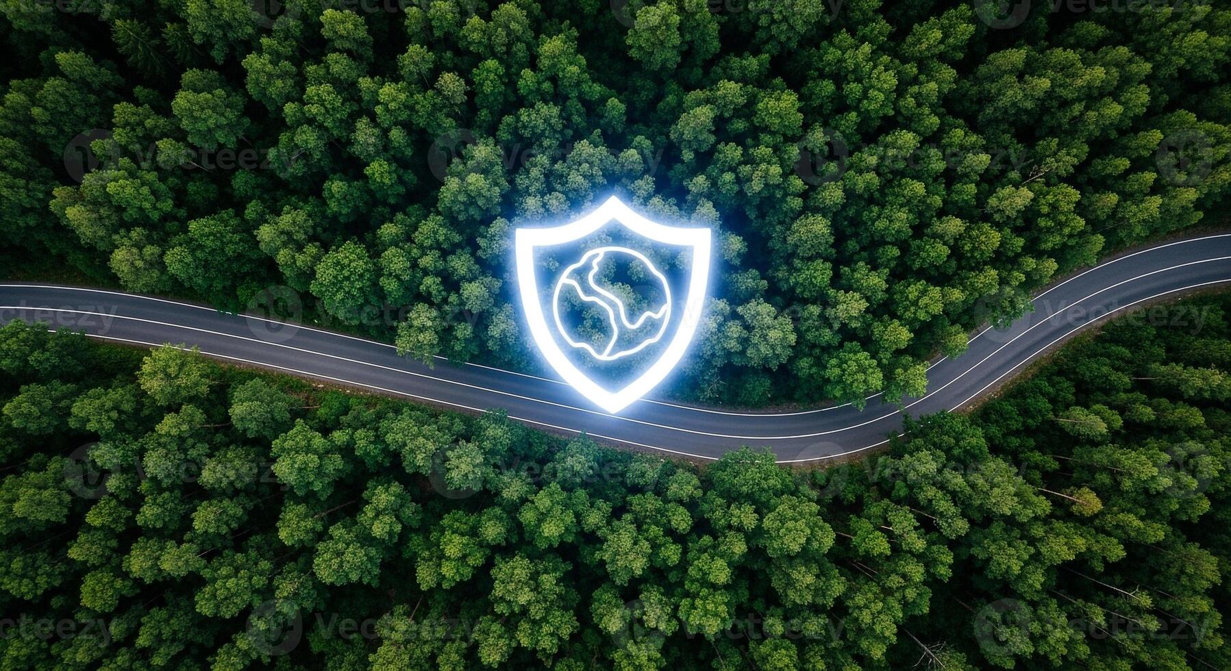 1797x980 Aerial view of a winding road through a lush green forest with a glowing shield and earth icon symbolizing environmental protection and sustainability
