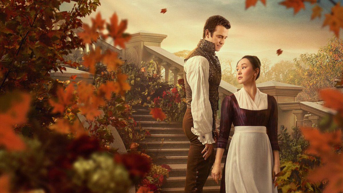 1200x675 Bridgerton Season 4: Part Two poster featuring Benedict and Sophie (landscape and without text version)