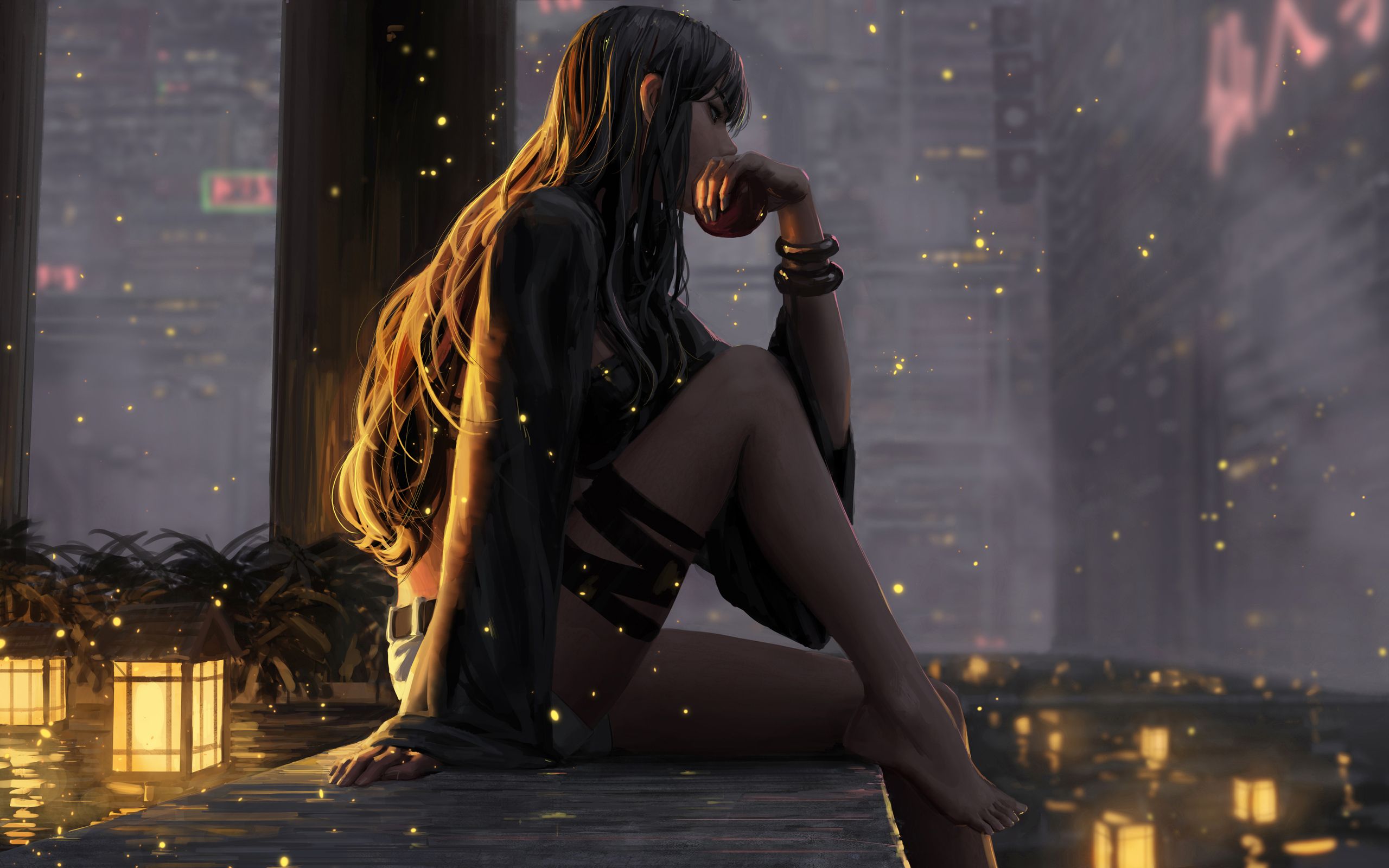 2560x1600 Download Sad girl, Anime, Young woman, Town Wallpaper in 2560x1600 Resolution