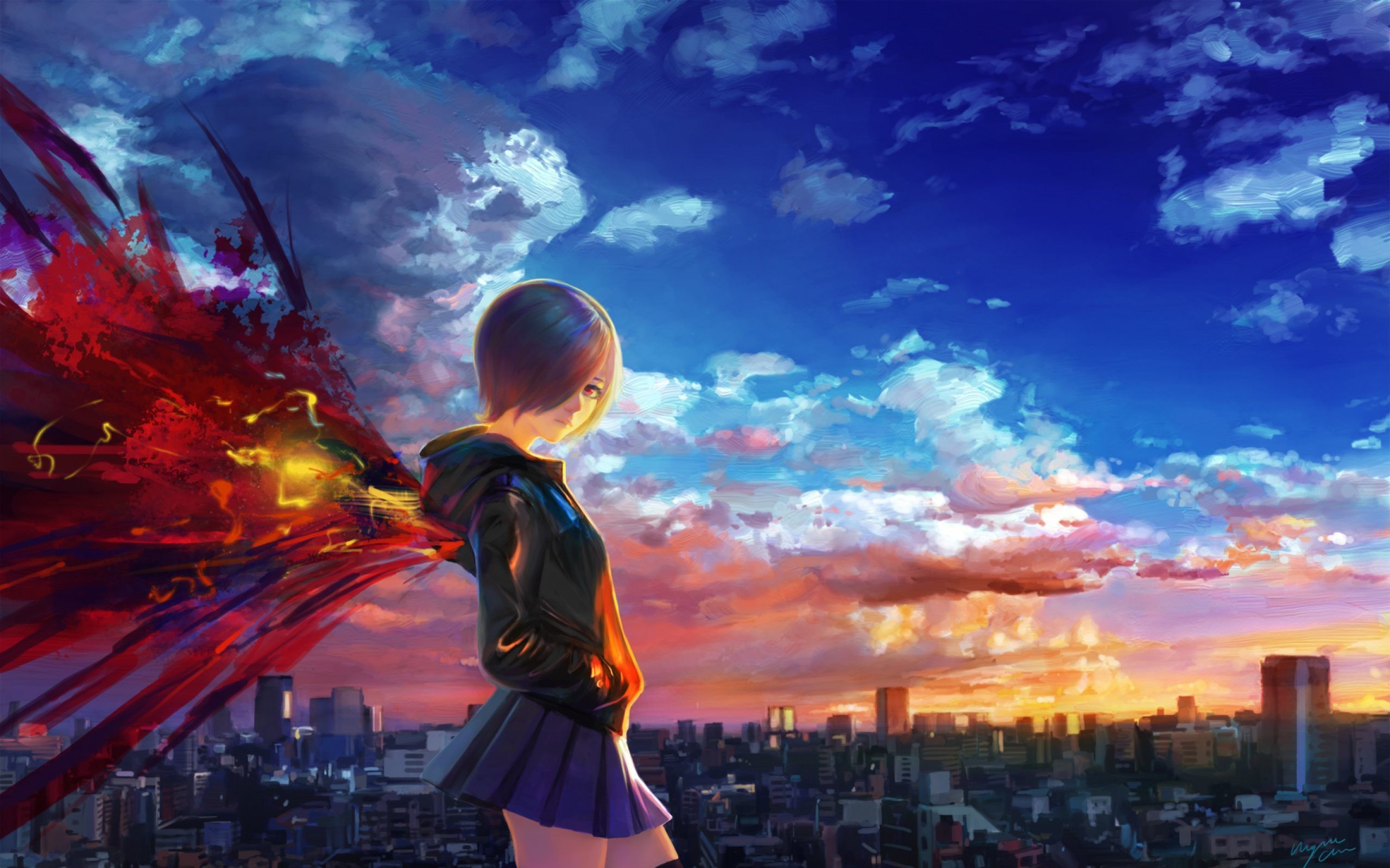 2560x1600 Wallpaper Woman in Black Leather Jacket and White Skirt Standing on Top of Building During Sunset, Background Free Image