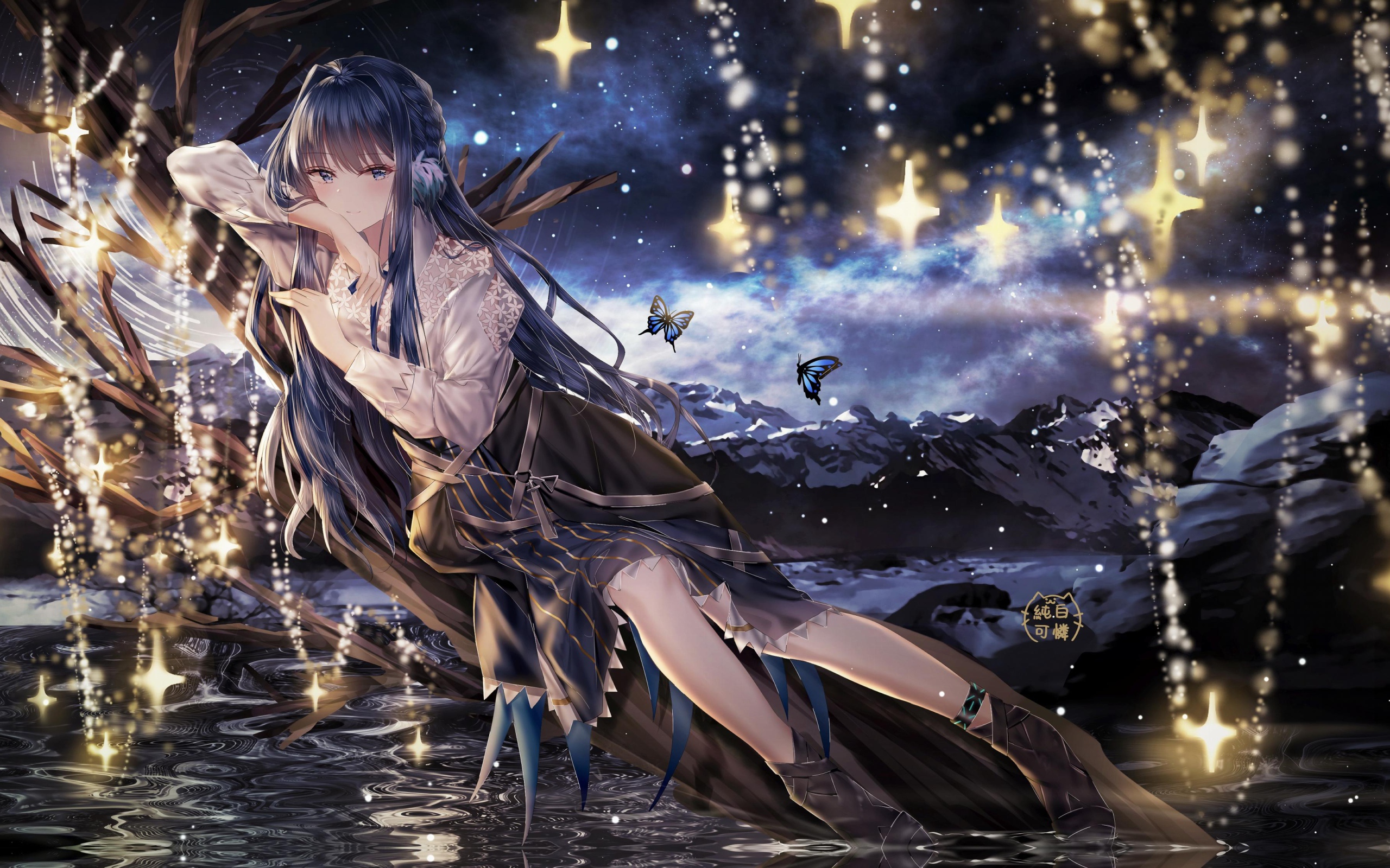 2560x1600 Beautiful anime girl lies on a tree near the water Desktop wallpaper 2560x1600