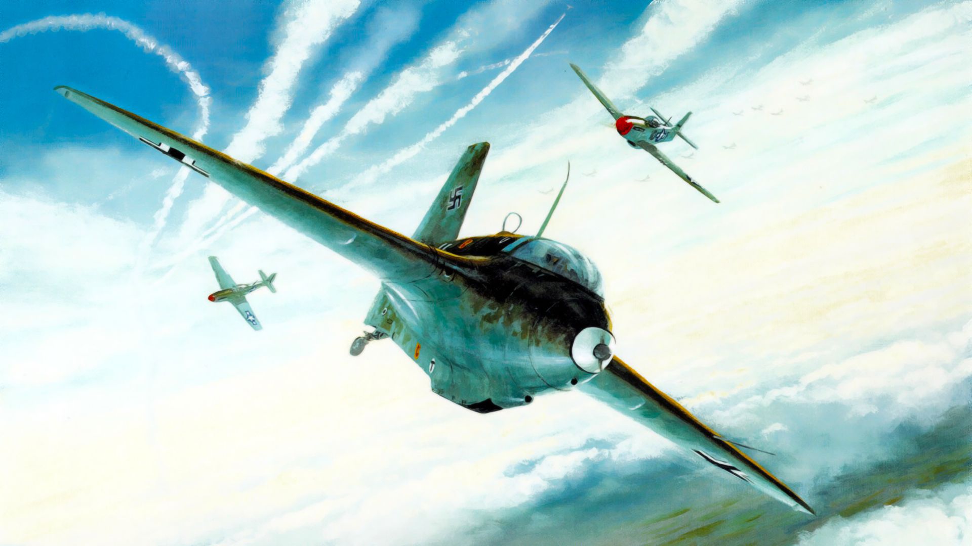 1920x1080 Wallpaper war, art, painting, aviation, WW P 51 Mustang, Me 163 Komet for mobile and desktop, section авиация, resolution 1920x1080
