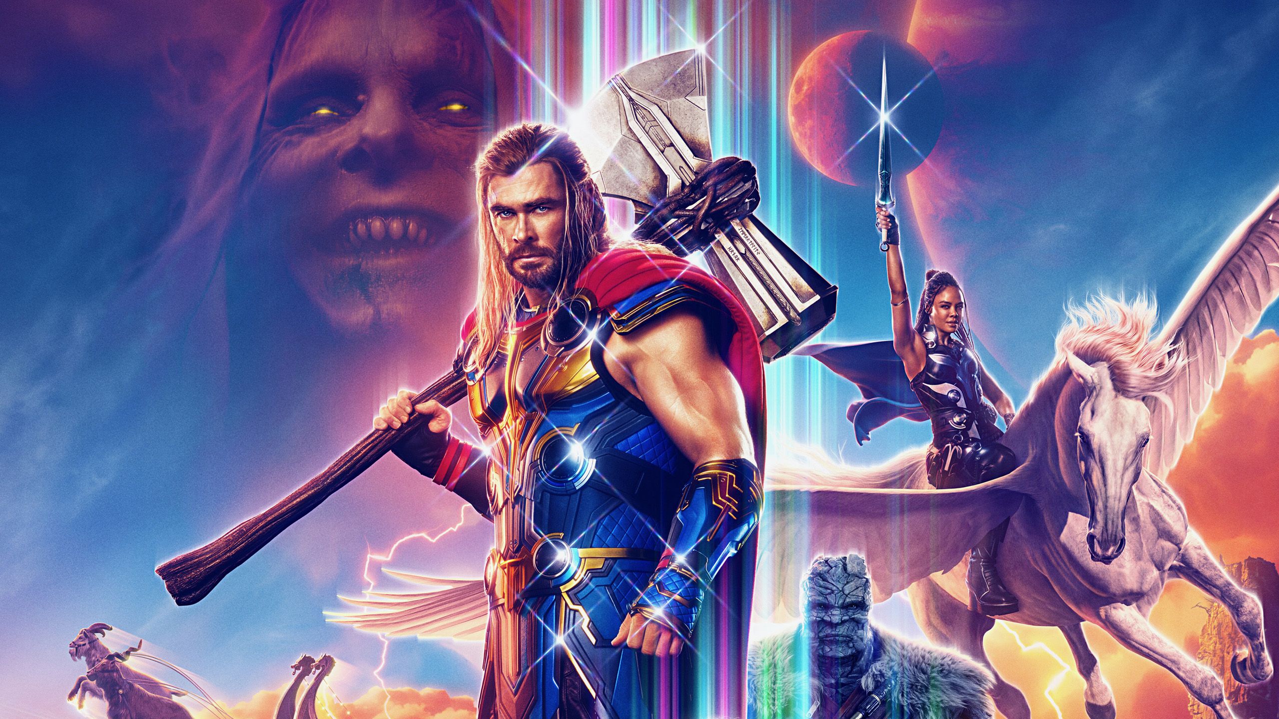 2560x1440 Christian Bale Jane Foster Natalie Portman Thor Chris Hemsworth Taika Waititi Russell Crowe HD Thor Love and Thunder Wallpaper