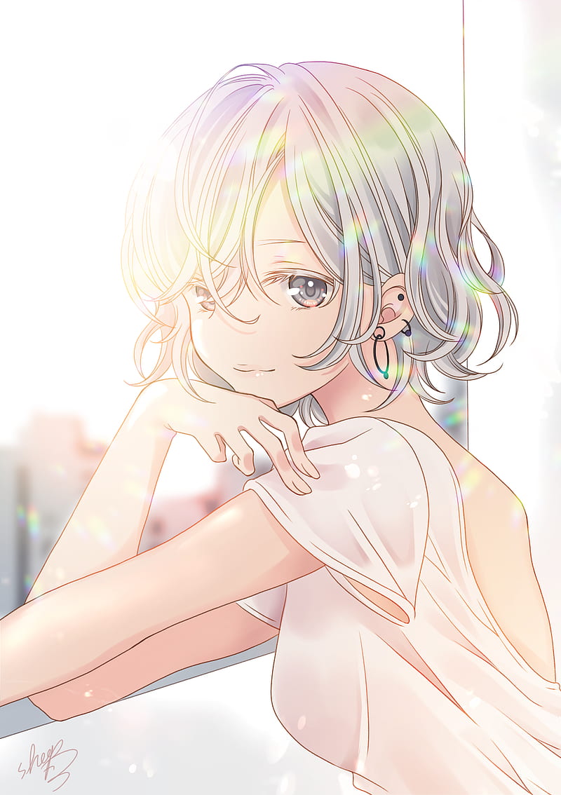 800x1134 Anime, anime girls, original characters, piercing, gray eyes, short hair, grey hair, HD phone wallpaper