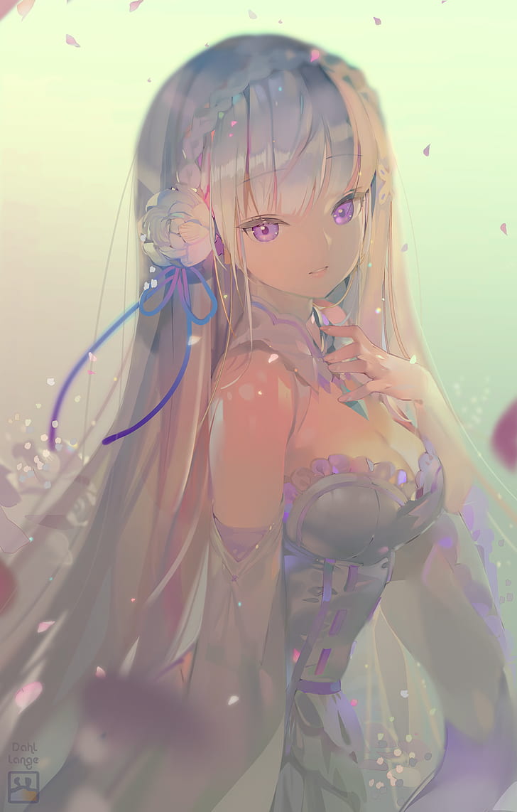 728x1142 HD wallpaper: anime, anime girls, long hair, silver hair, purple eyes, Emilia (Re: Zero)