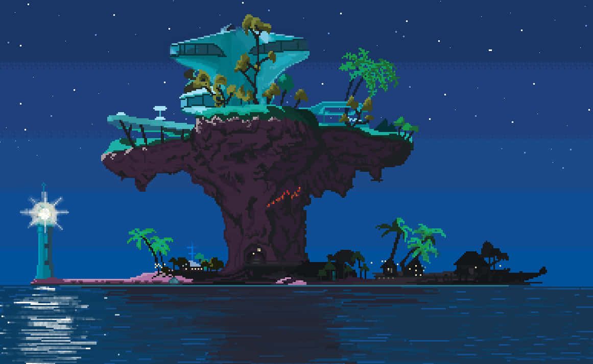 1161x714 Download A Pixel Art Image Of A Small Island With A Lighthouse Wallpaper
