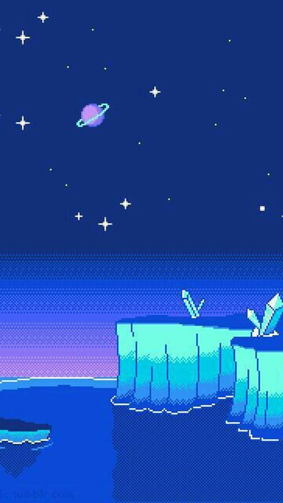 1080x1920 Download A Pixel Art Image Of A Rocky Island With A Moon And Stars Wallpaper