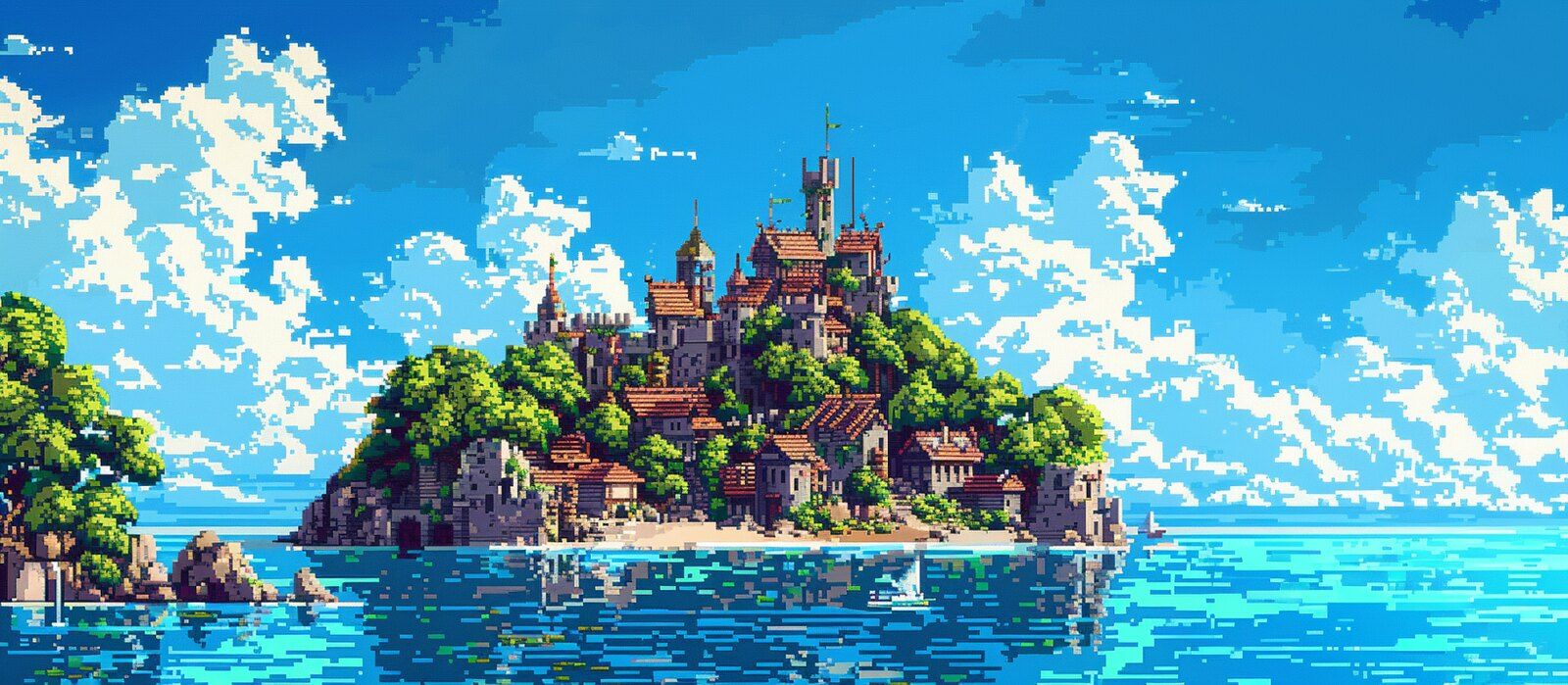 1600x699 pixel art of an ancient village on an island in the middle