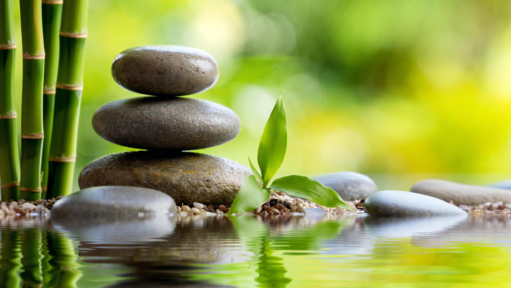 1736x980 Nature Background Serene Zen Garden Stacked Stones Bamboo and Tranquil Water Reflection