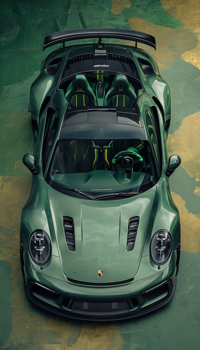 768x1344 Sleek Metallic Green Porsche Sports Car Overhead View Mobile Wallpaper