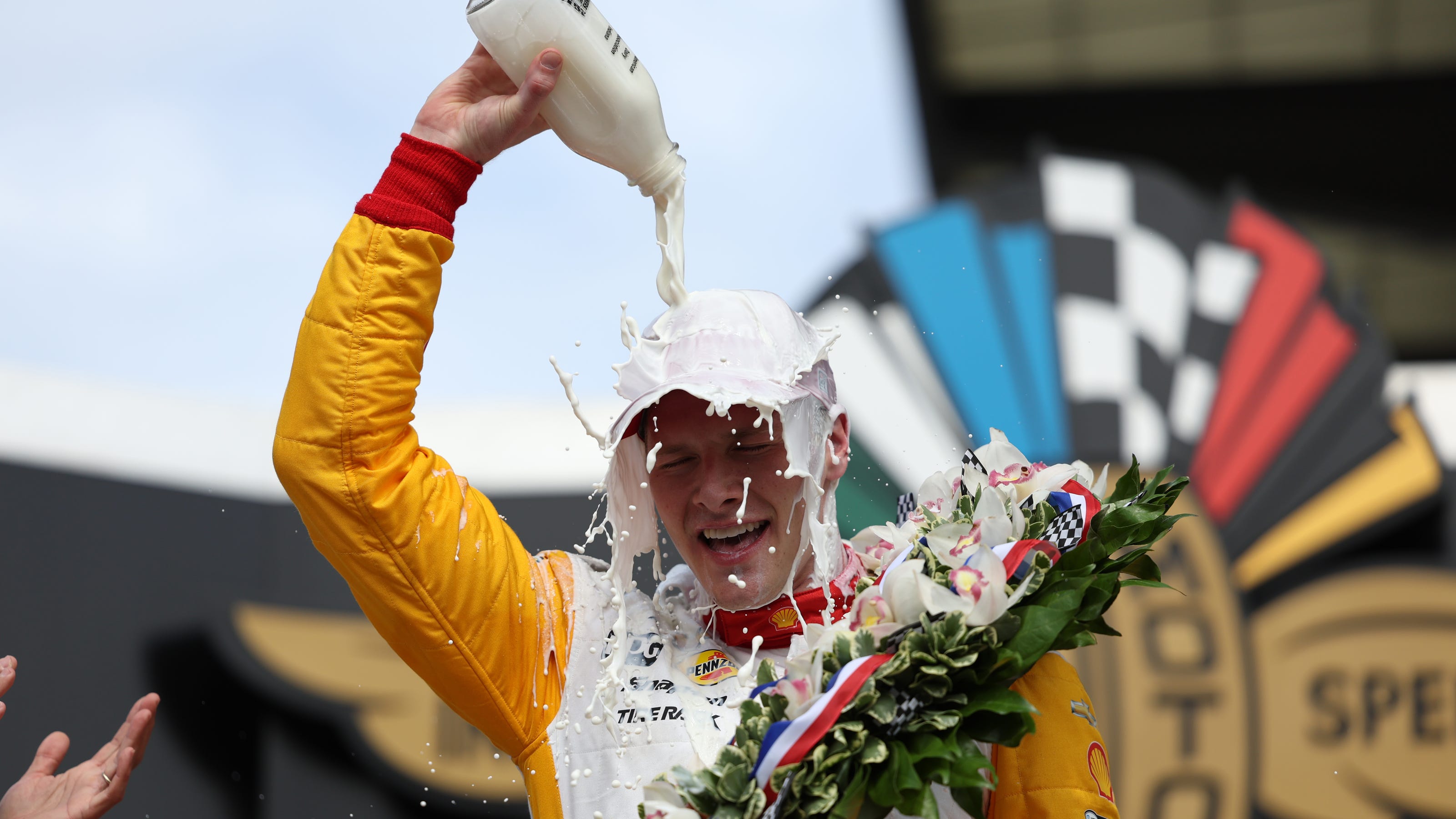 3200x1801 magnificent photo of Josef Newgarden's Indy 500 victory milk celebration