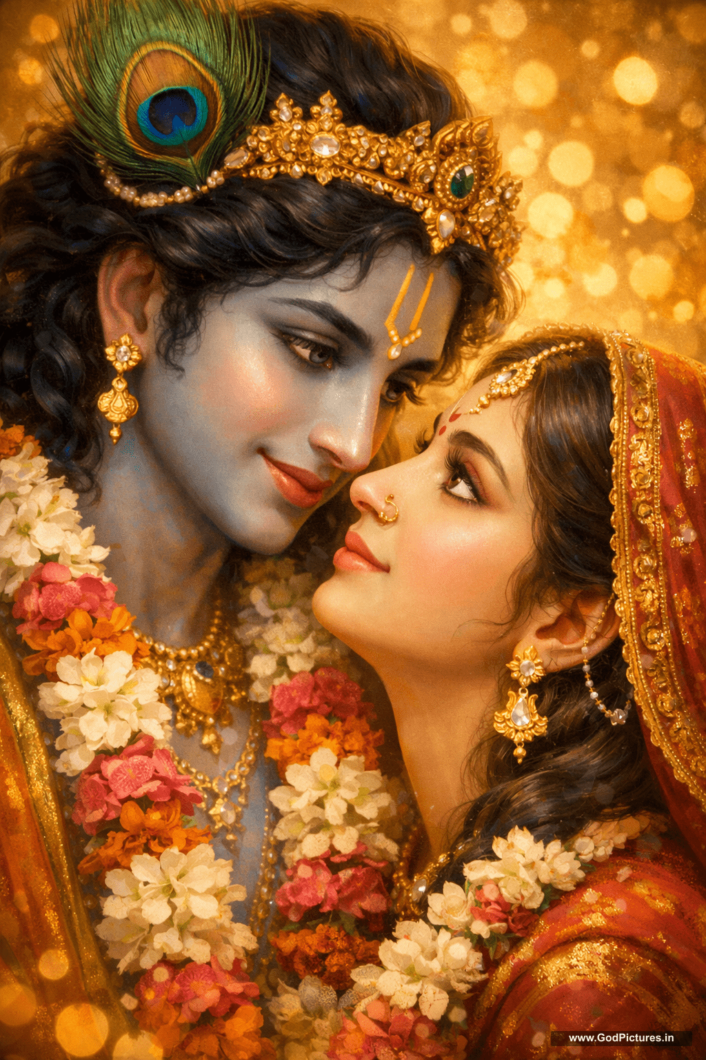 1024x1536 Radha Krishna Intimate Gaze with Flower Garlands - HD Wallpaper