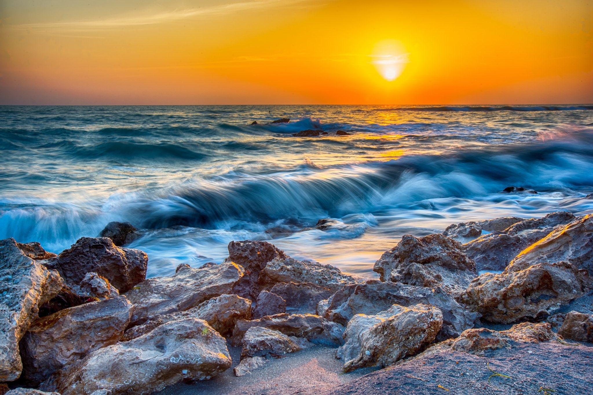 2048x1367 Wallpaper sea, sunset, stones, FL, Florida, Gulf of Mexico, Caspersen Beach, Sarasota for mobile and desktop, section пейзажи, resolution 2048x1367