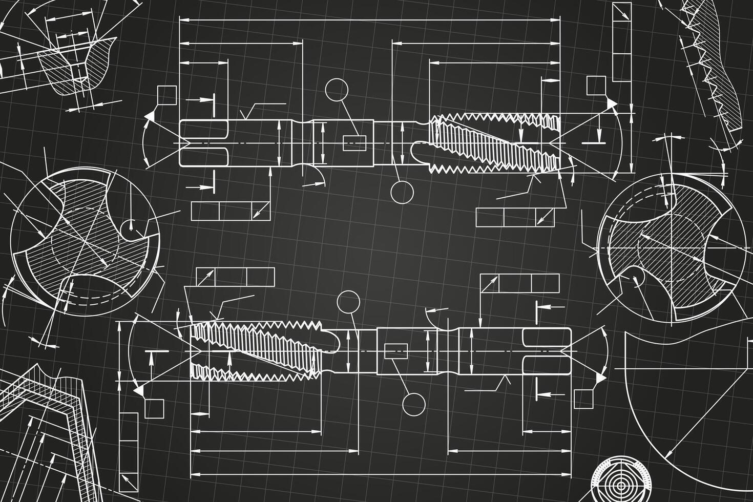 1470x980 Mechanical engineering drawings on black background. Tap tools, borer. Technical Design. Cover. Blueprint