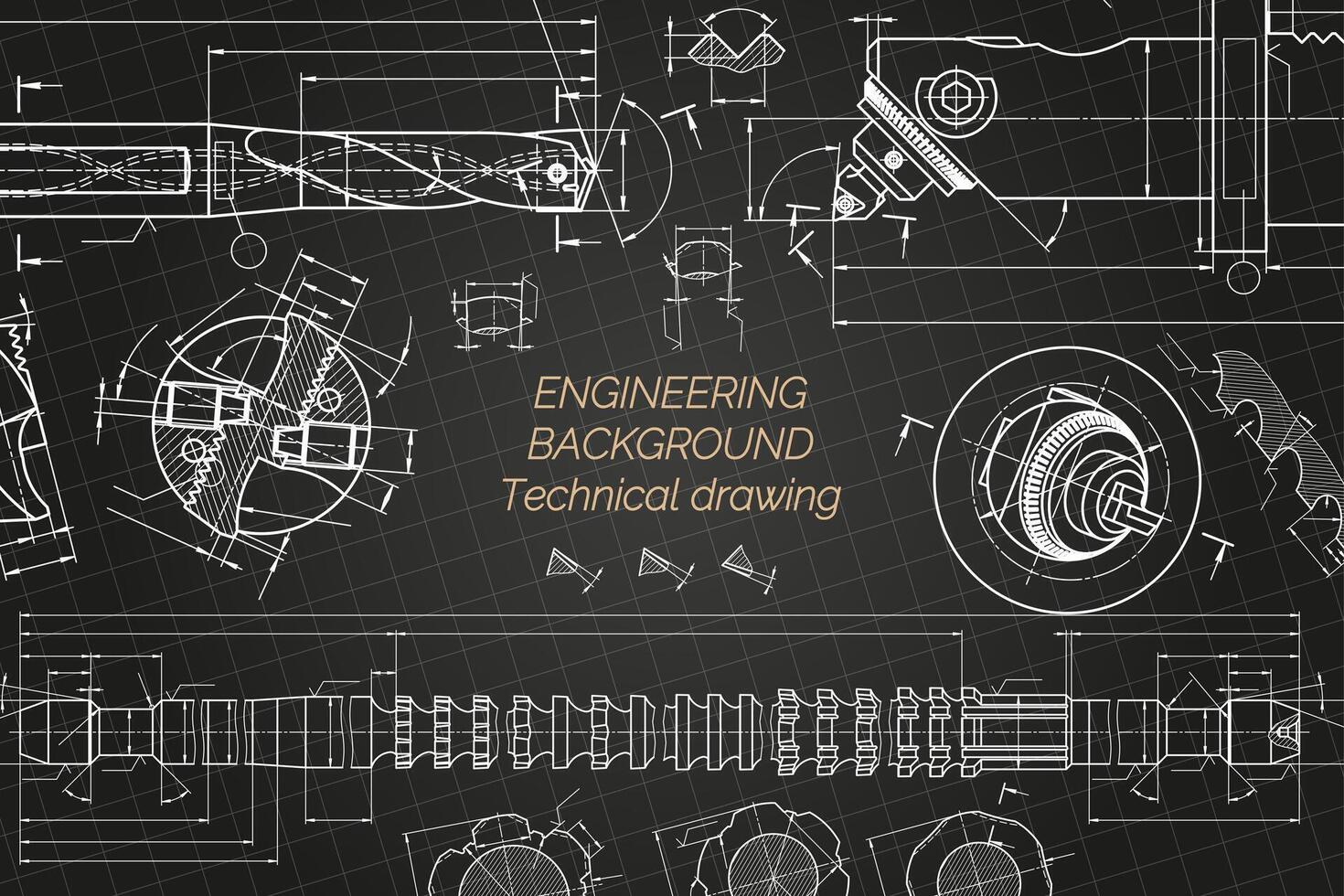 1470x980 Mechanical engineering drawings on black background. Broach. Technical Design. Cover. Blueprint. Vector illustration