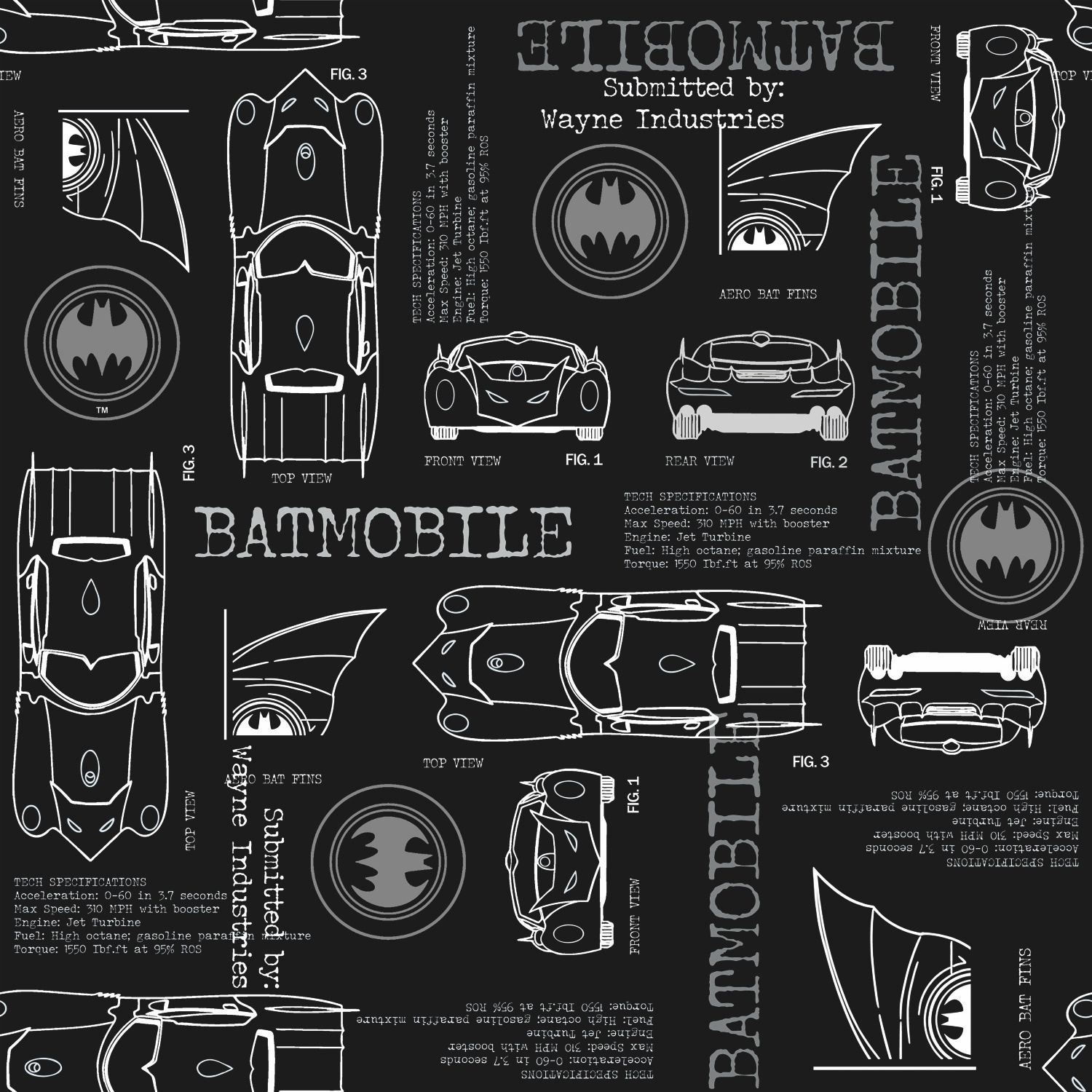 1500x1500 Black & Grey Batmobile Blueprint Peel and Stick Wallpaper by RoomMates Bath & Beyond