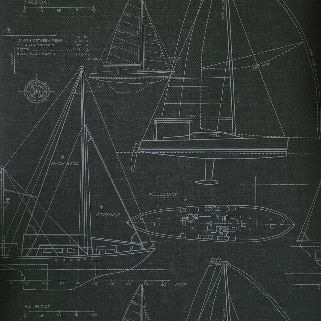 1024x1024 CC51900 Dark gray nautical blueprint sailing boat coastal Marine drawings wallpaper roll