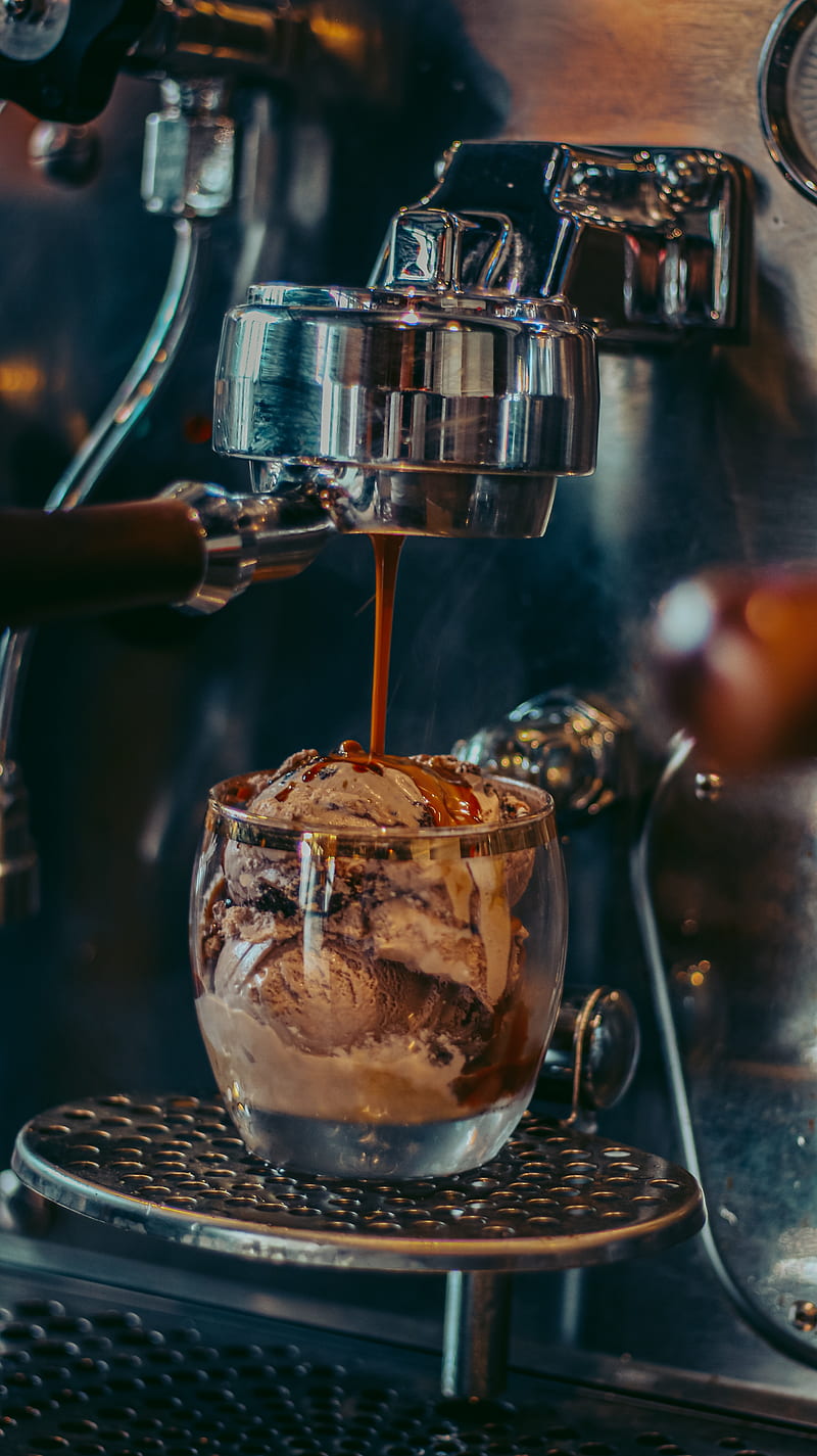 800x1425 1206x2622px, 2K free download. Espresso dripping into a porcelain mug from a steel machine, HD wallpaper