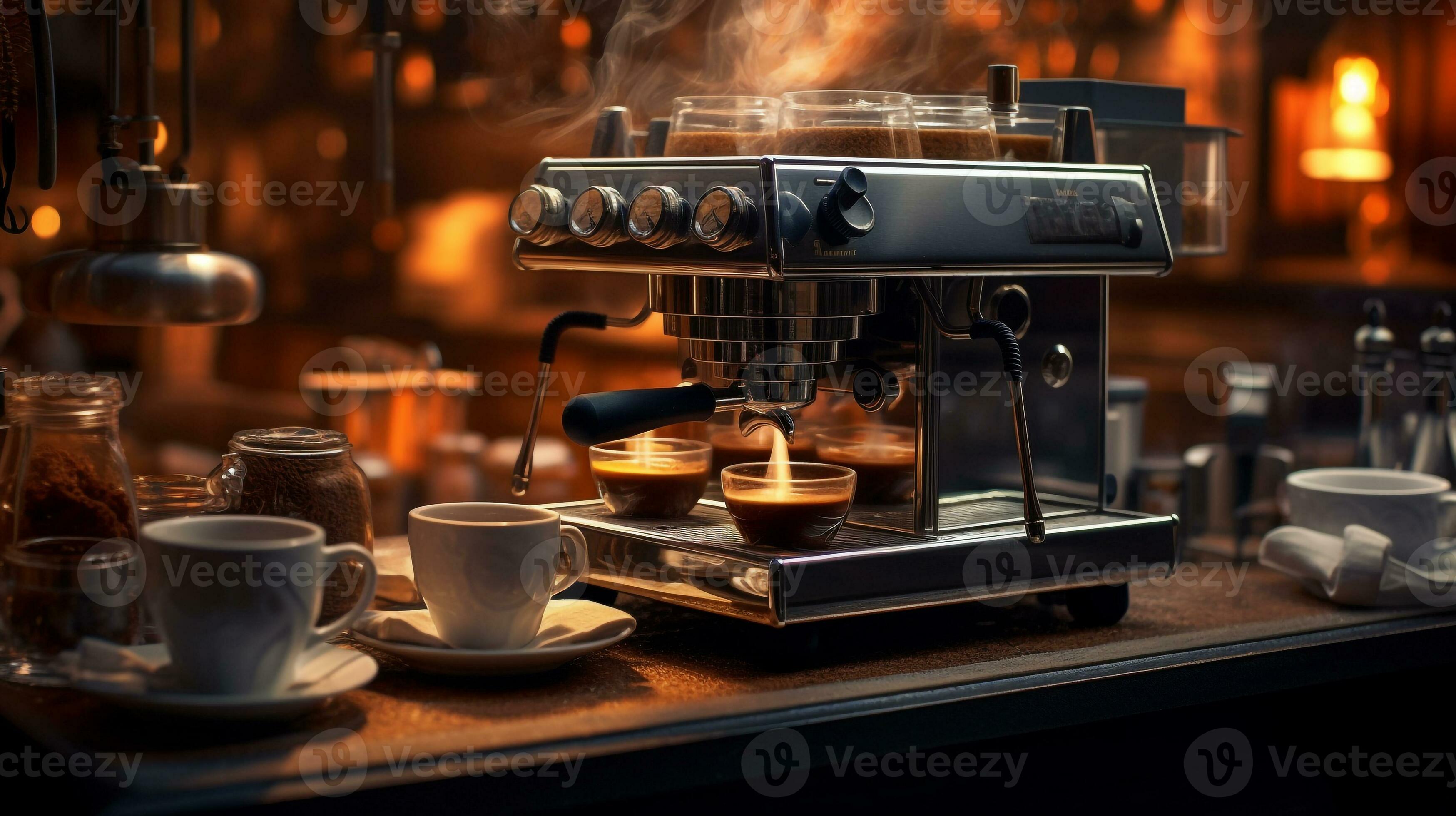 3497x1960 photo of coffee maker machine on barista table in cozy caffe