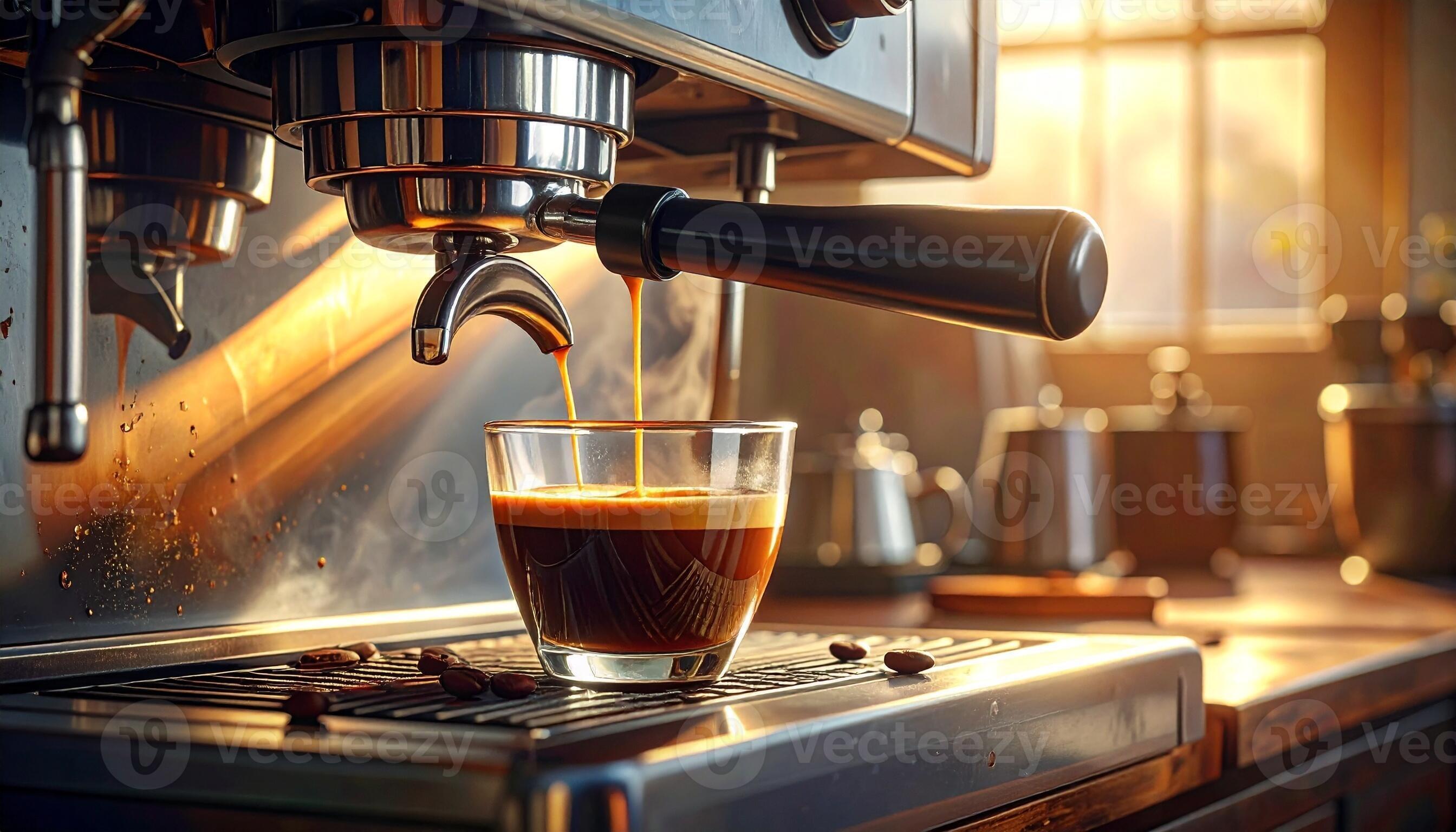 2688x1536 Espresso Machine Pouring Coffee into Glass Cup Warm Light Coffee Beans