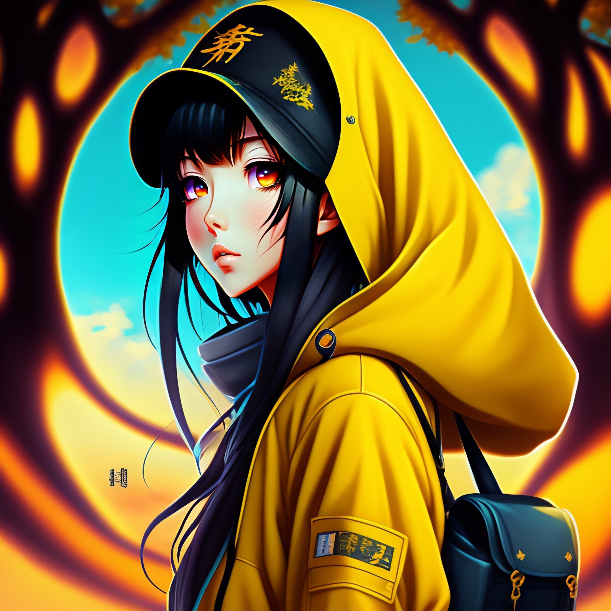 2560x2560 Lexica Album, big tree, horror fantasy, anime style, horror word, beautiful anime girl with yellow coat and blue eyes