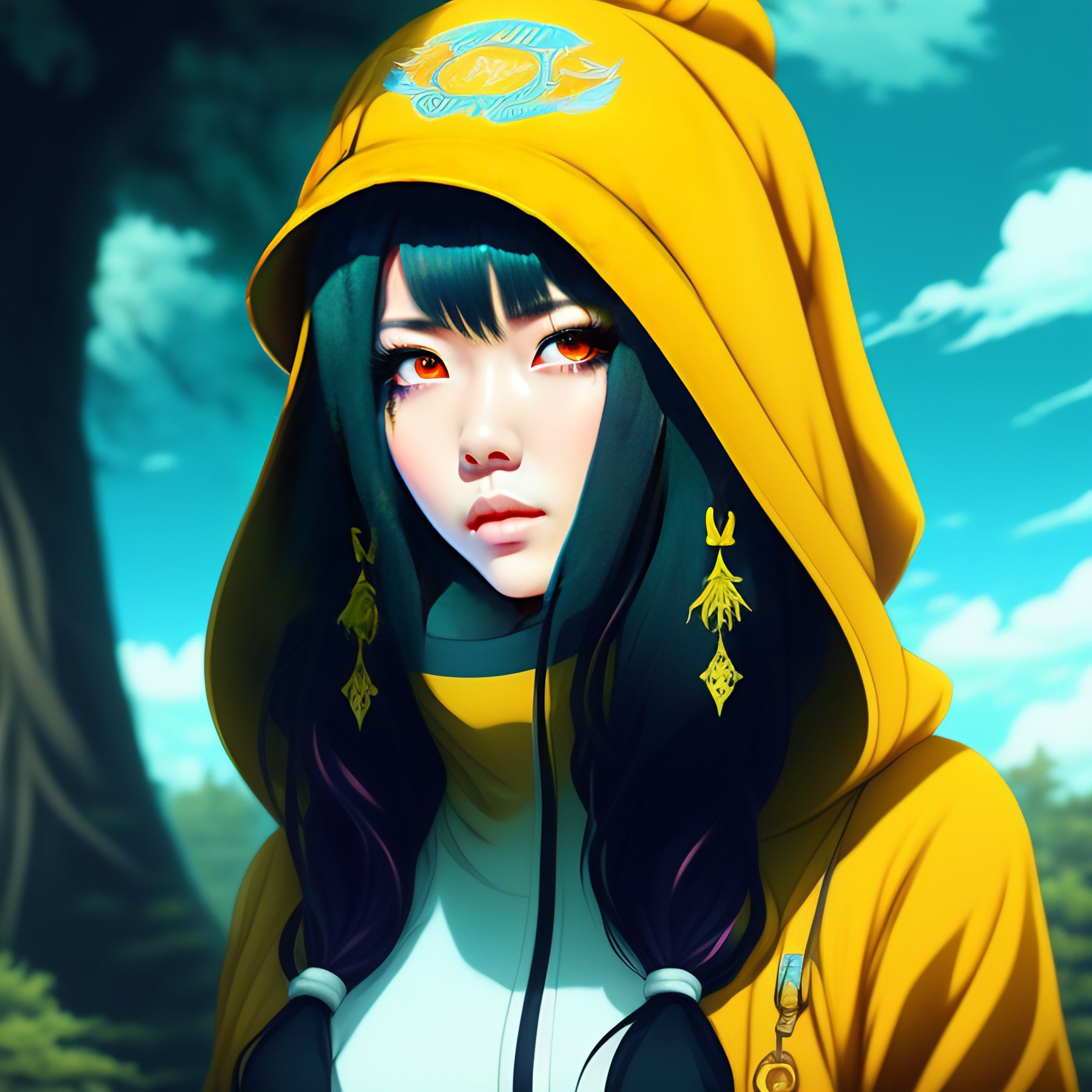 2560x2560 Lexica Album, scary big tree, horror fantasy, anime style, horror word, scary anime girl with yellow coat and blue eyes
