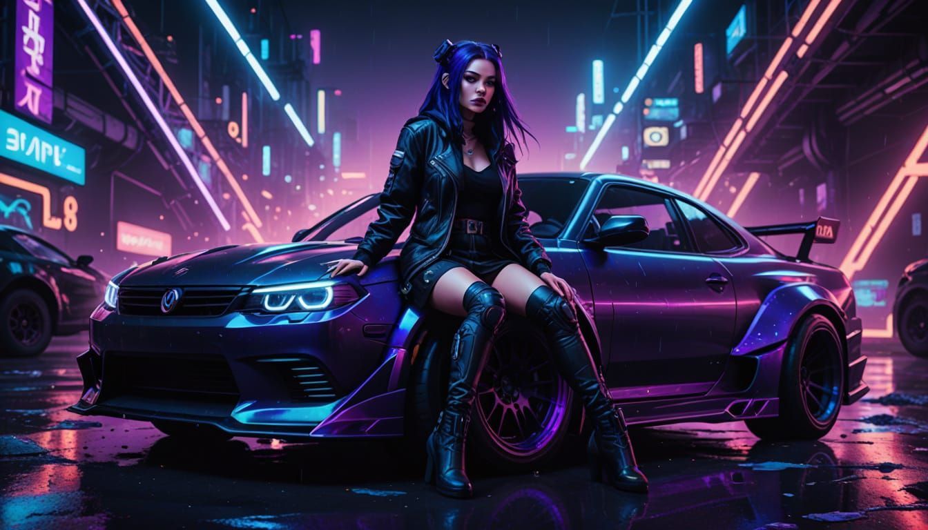 1344x768 A phonk album cover featuring a drift car with a girl with stockings and a skirt and she has long black and purple hair and she is sitting o
