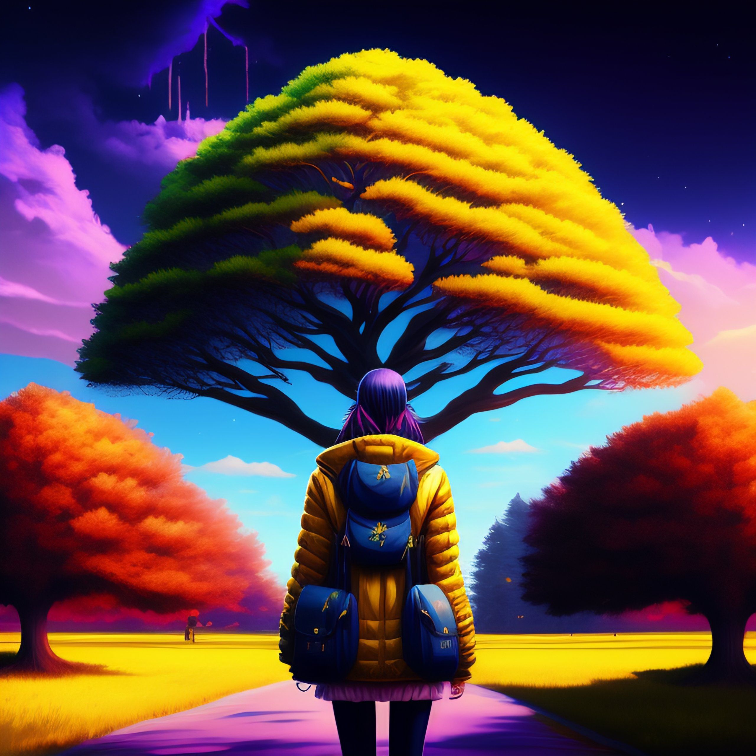 2560x2560 Lexica Album, scary big tree, horror fantasy, anime style, horror word, scary anime girl with yellow coat and blue eyes